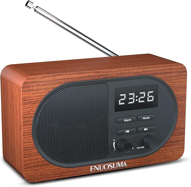 ENUOSUMA Radio Alarm Clock with Bluetooth Speaker Portable Radio FM Wood Grain Digital Clock Radio with LED Display Built-in TF Card Slot/USB Port/Microphone and AUX Input