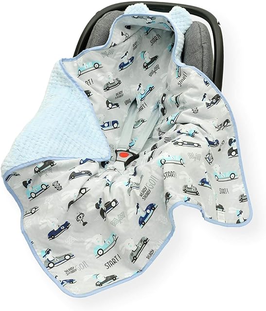 CAR SEAT Baby Blanket/Footmuff/Cosy Toes/Cotton & Waffle-Effect Mink Plush 80 x 80cm Dual Layer with Hood (Cars/Blue)