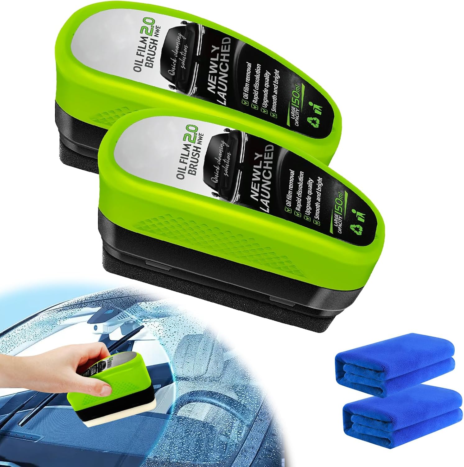 2PCS Upgrade Automotive Oil Film Cleaning Brush, Reusable Oil Film Cleaning Brush, Glass Coating Brush for Windshield, Remove & Prevent Rain and Fog Cleaning Glass Brush