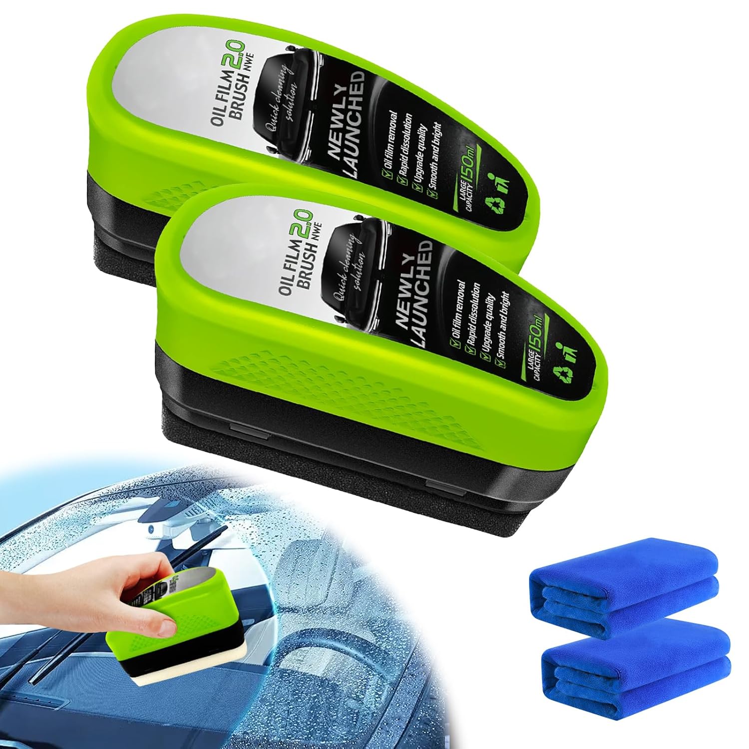 Escova de Limpeza de Filme de Óleo Automotivo 2PCS - Escova Reutilizável para Remoção de Filme de Óleo e Limpeza de Para-brisa com Revestimento de Vidro 2025