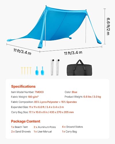 VEVOR Tente de Plage de 3,4x3,4x2 m, Abri Soleil UPF50+, Pare-Soleil Extérieur pour Plage Parc Camping et Pêche, Auvent Protection UV avec Sacs de Sable, Poteaux de Soutien et Pelles à Sable, Bleu - 7