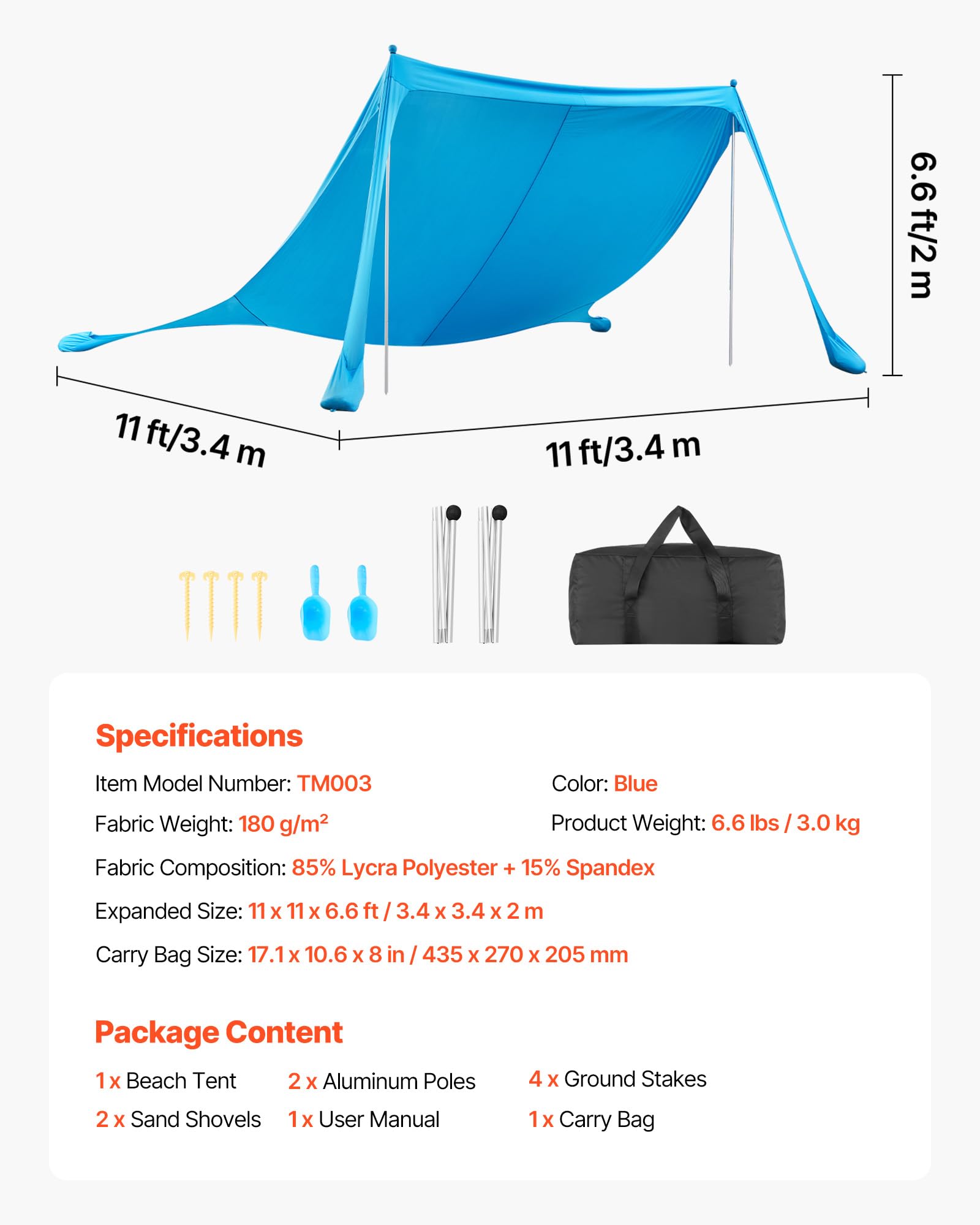 VEVOR Tenda Parasole da Spiaggia per Esterno Protezione Solare UPF50+ con Ancoraggio Dimensioni 3,4 x 3,4 x 2 m, Parasole da Spiaggia con Pali di Supporto Tenda Portatile per Campeggio Viaggio, Blu