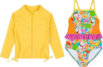 SwimZip Girls Long Sleeve Rash Guard & 1-Piece Swimsuit - UPF 50 Sun Protection
