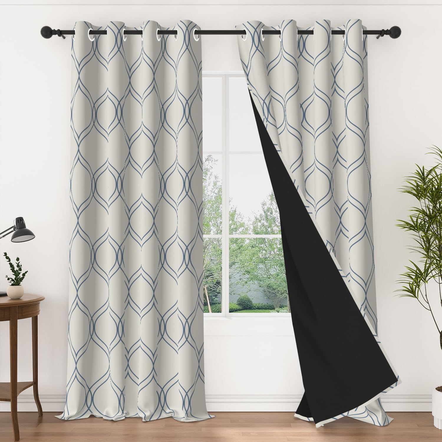 Modern Blackout Curtains 84 Inches Long for Bedroom Living Room, Blue Geometric Pattern Drapes Thermal Insulated Grommet Top Window Treatment 2 Panels Set, Beige