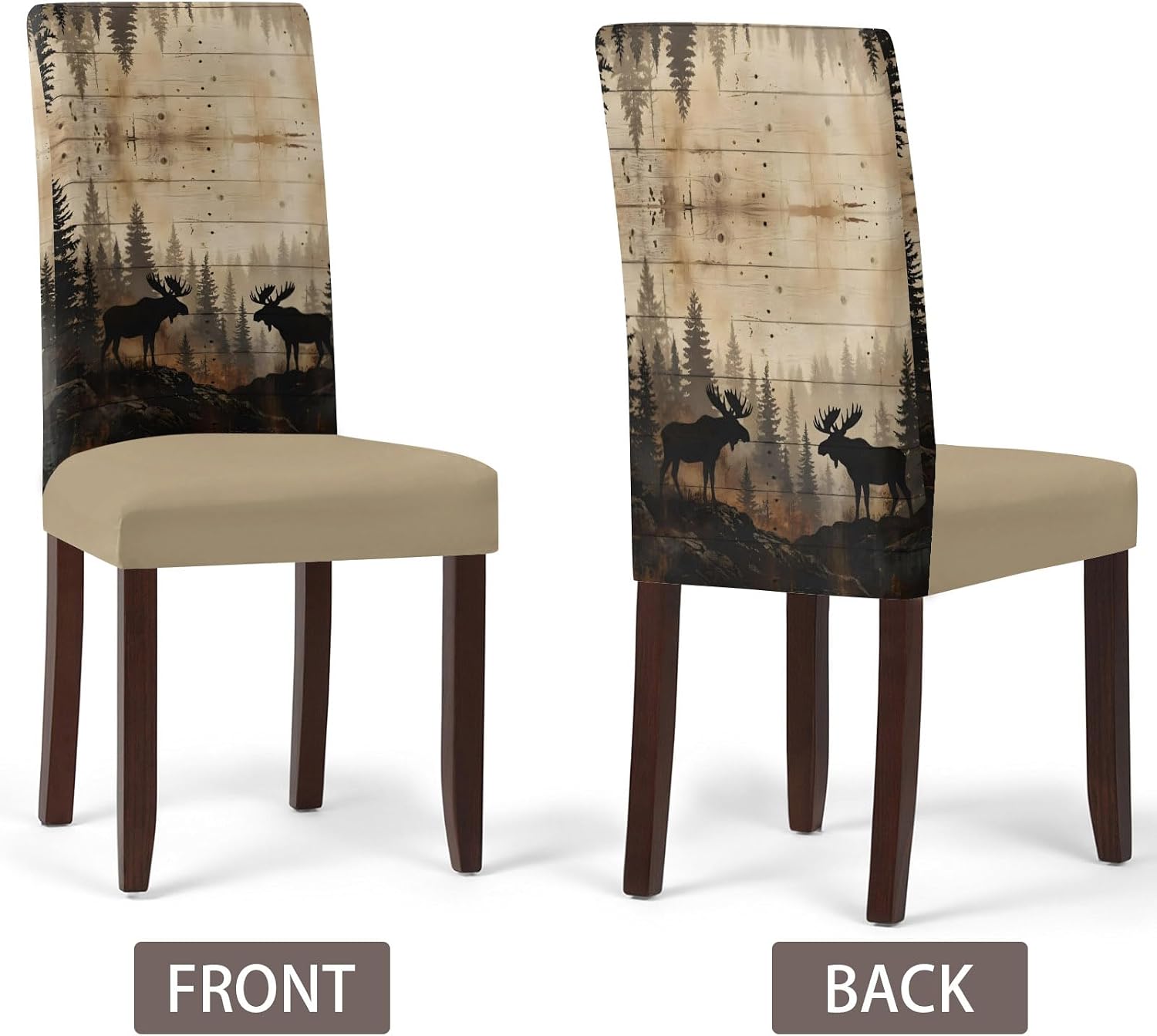 Dining Room Chair Covers Set of 4, Nature Landscape Moose Forest Stretch Spandex Parsons Chair Slipcovers, Rustic Pine Silhouette Wildlife Washable Removable Seat Cover Protector for Kitchen Party