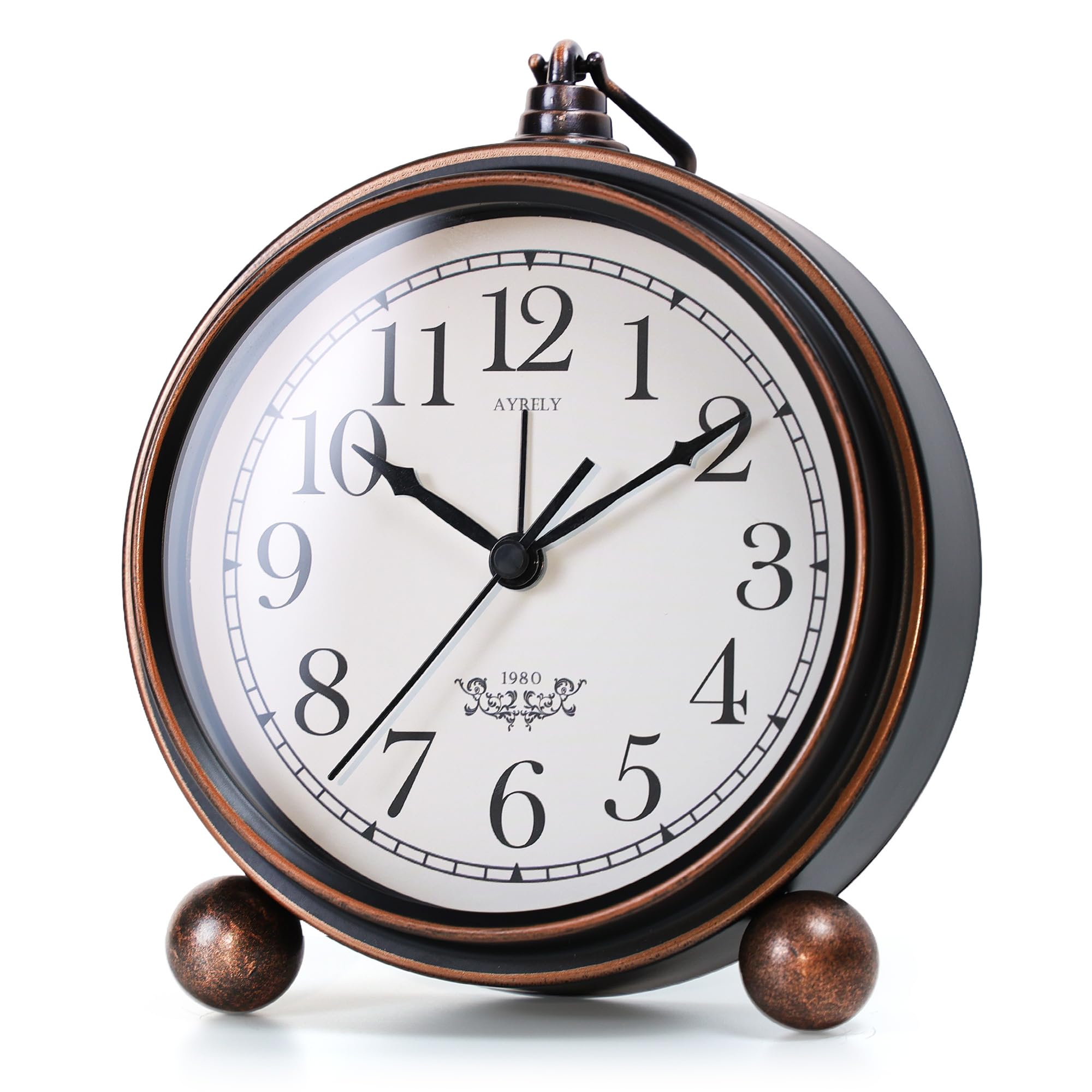 AYRELY® 5.3" Vintage Analogue Alarm Clock, Silent Battery Operated Metal Table Clock with Light, Retro Desk & Bedside Clock for Bedroom, Shelf or Living Room Décor (Black)