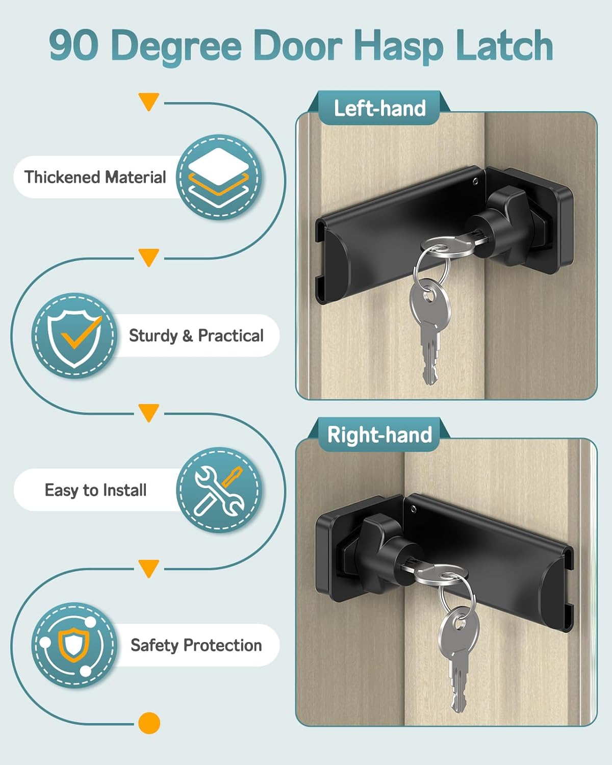 90 Degree Door Hasp Latch Lock, Home Security Right Angle Latch, Sliding Barn Door Lock for Gate, Bedroom, Fence, Garden (Black, 3.3 Inch with Key-1 Pc)