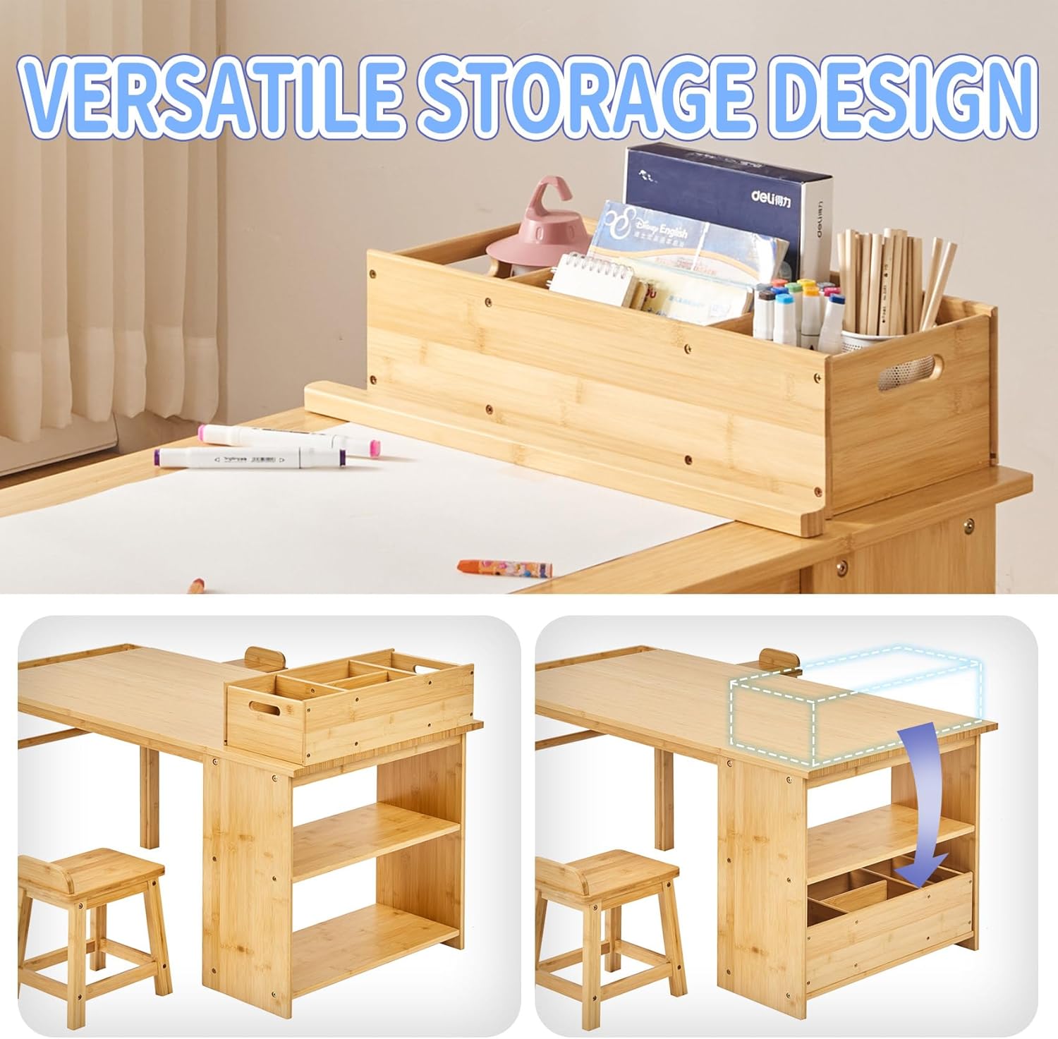 Close-up of the UNICOO art table's integrated storage compartments, showing various art supplies neatly organized.