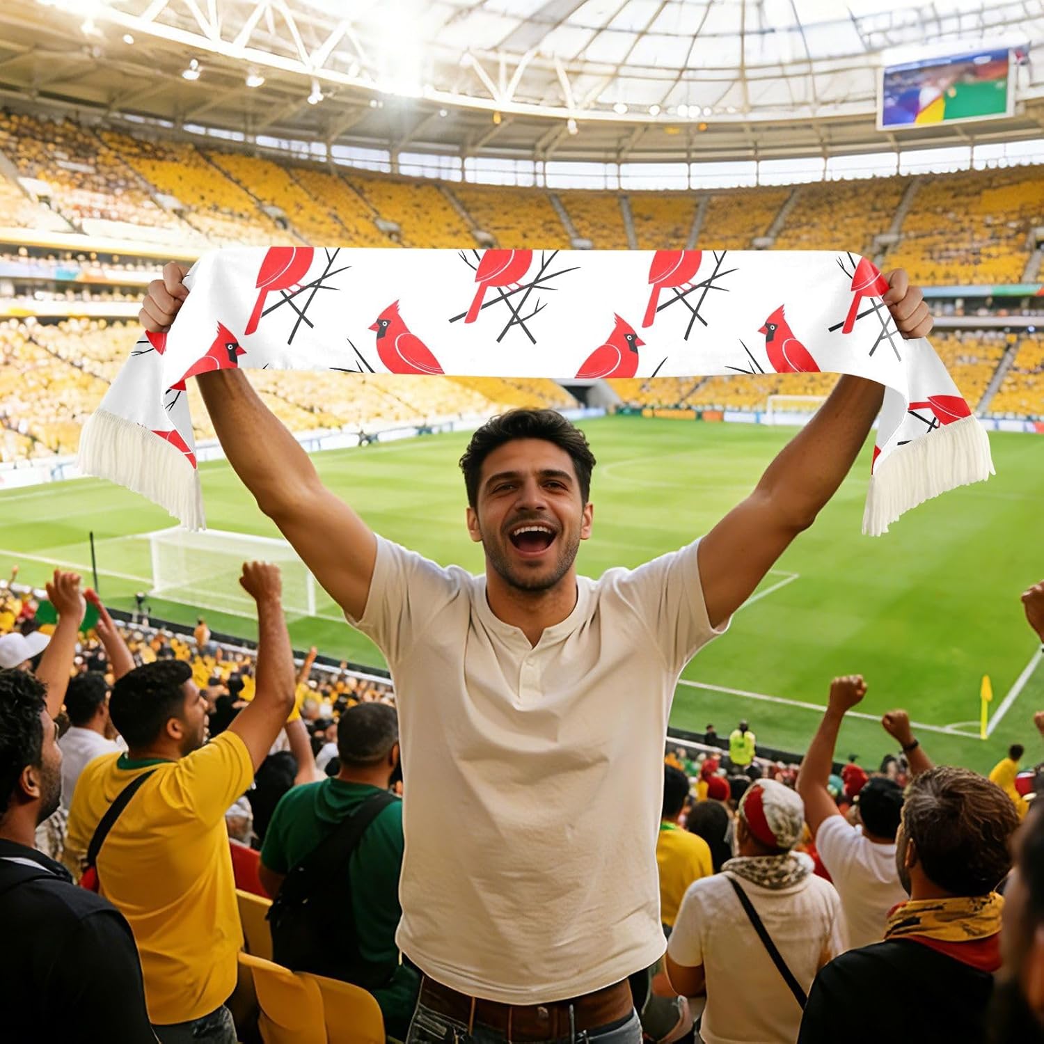 CHIFIGNO Red Bird White Quick Dry Absorbent Sweat Scarf for Sports Fans, Soft Polyester Soccer Scarf with Fringe for Cheering and Games