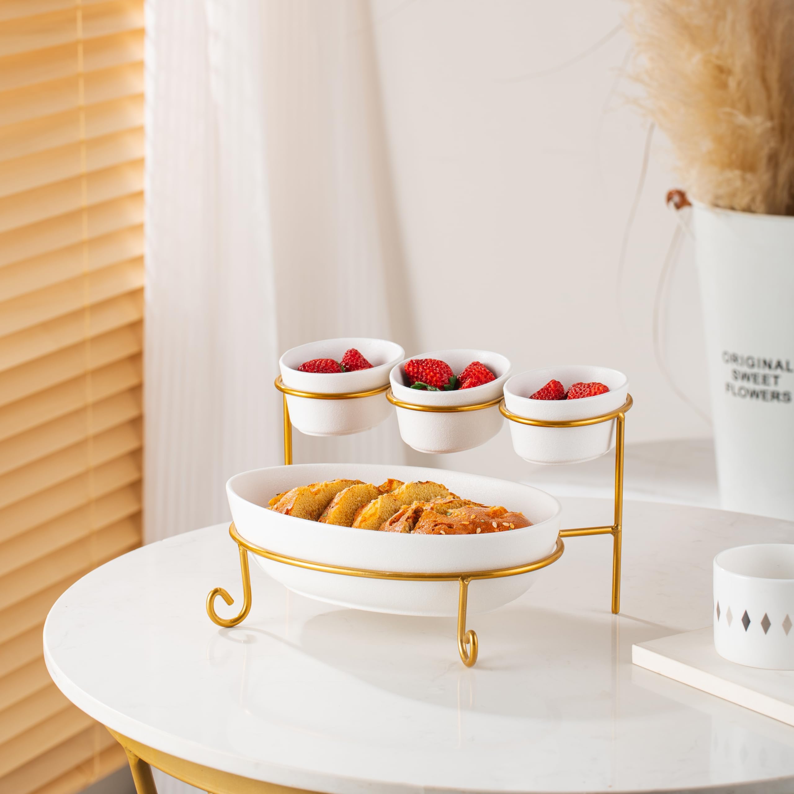 Bone China Shallow Porcelain 2-Tier Oval Serving Set with Gold Stand Rack - 3x 10cm and 1x 24cm