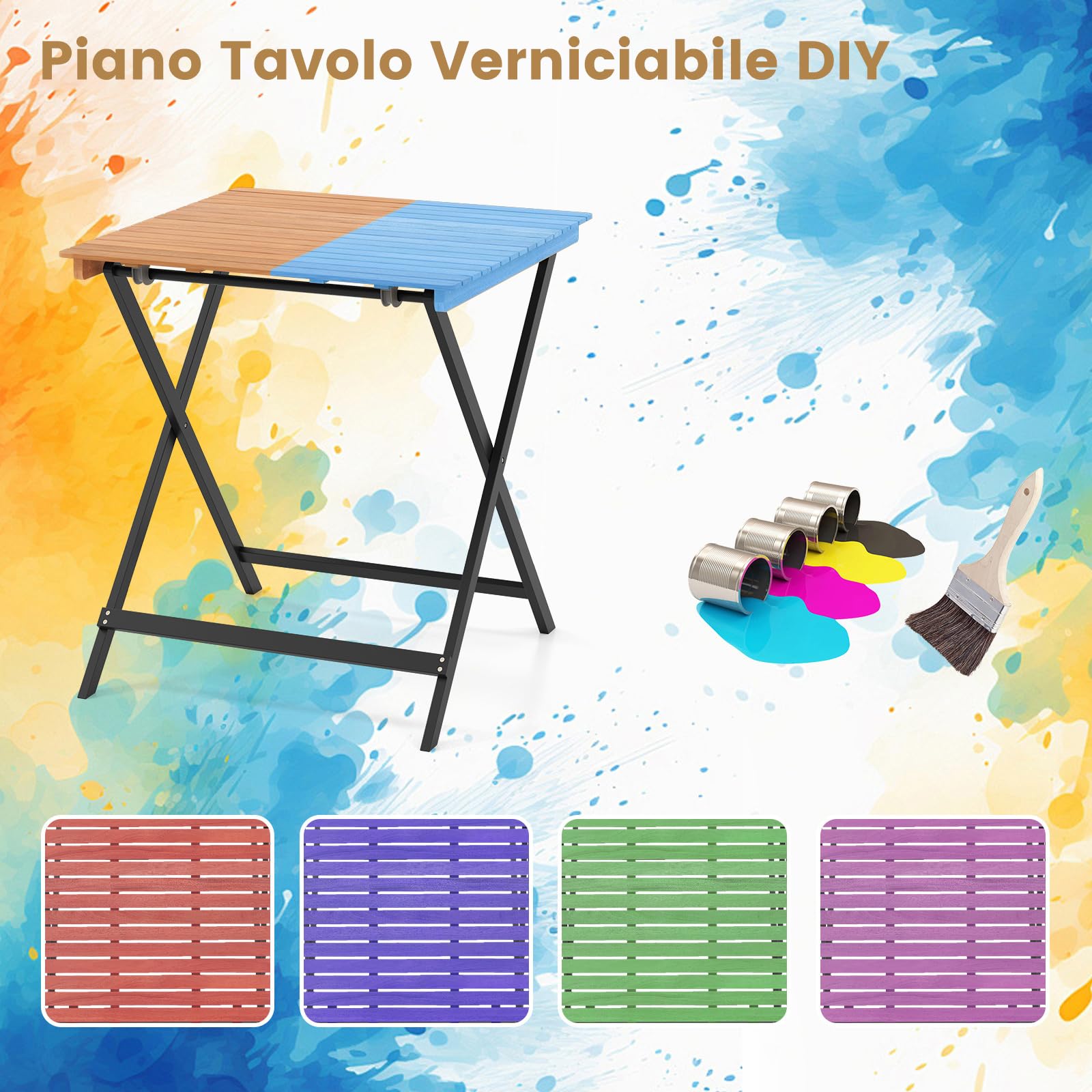 COSTWAY Tavolo Pieghevole da Esterno, Quadrato in Legno di Acacia, 2 Ganci di Fissaggio, Struttura a X, per Balcone Terrazzo Giardino, Portata 80 kg