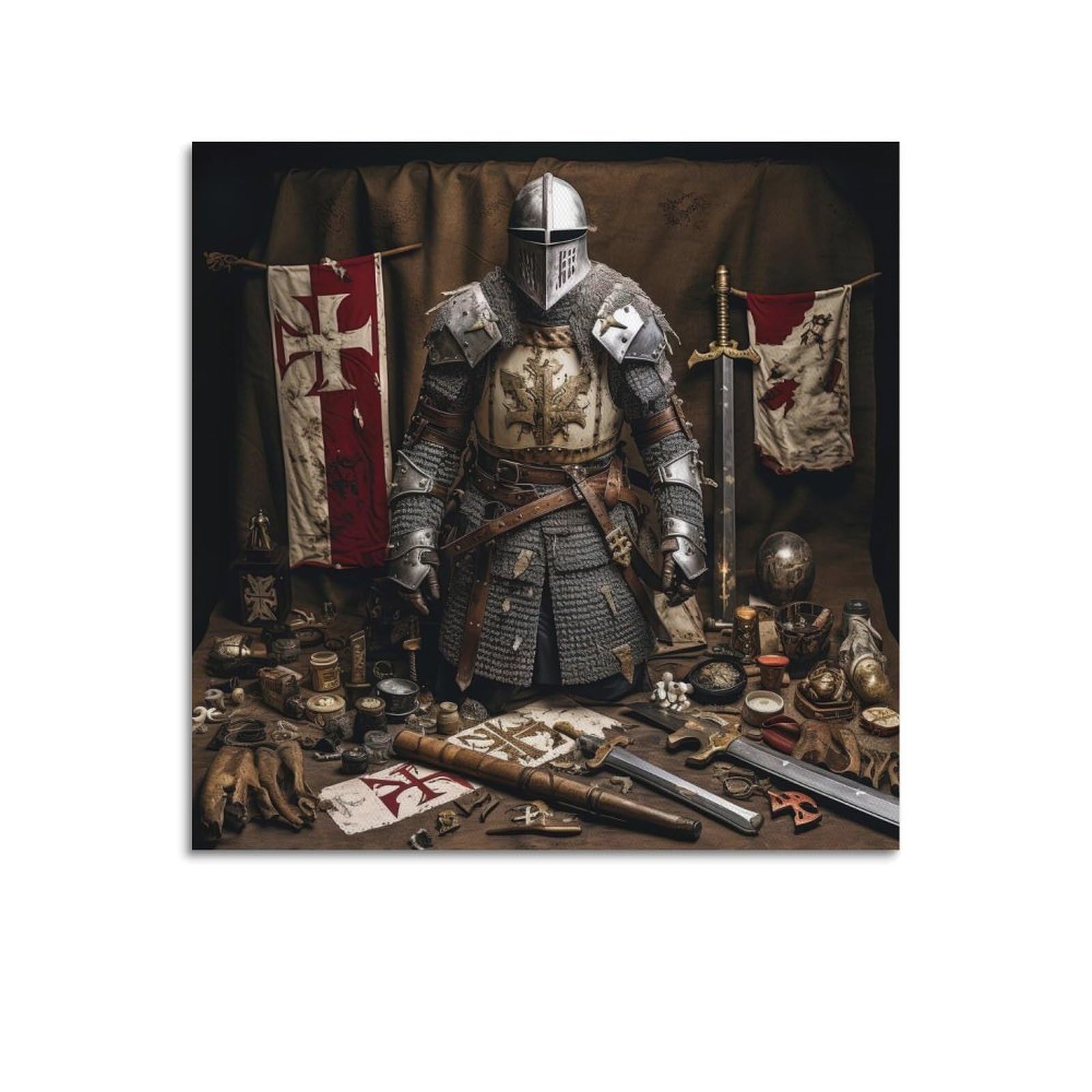 XKUGA Medieval Templar Crusader Gear Armoured Poster Modern Decorative Canvas Prints - Ideal Wall Art for Family, Man Cave, Game Room, Boys & Girls Bedroom 20x20inch(50x50cm)