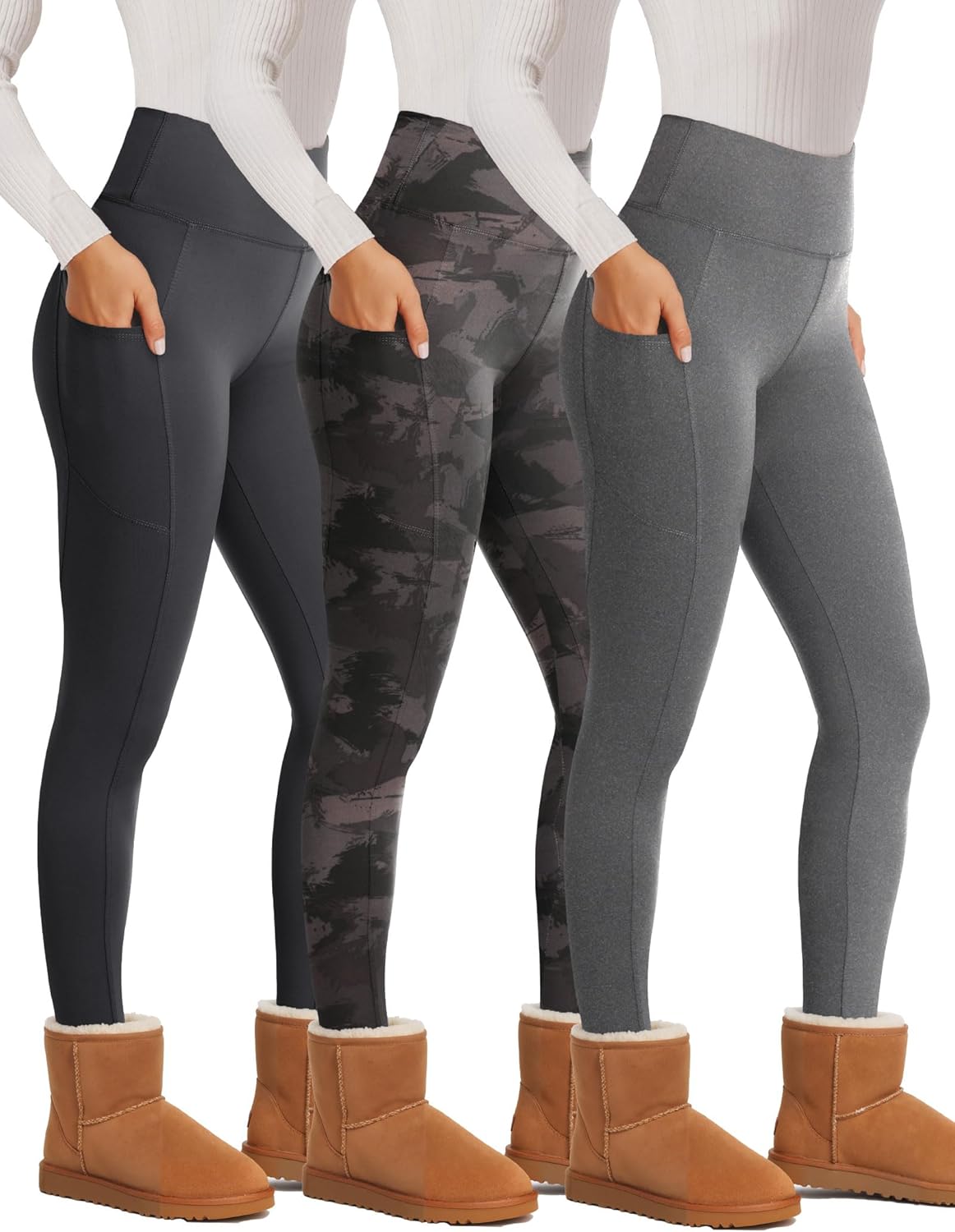 Showitty 3 Pack Fleece Lined Leggings Women with Pockets - Winter Warm Thermal Yoga Pants for Running Workout Plus Size