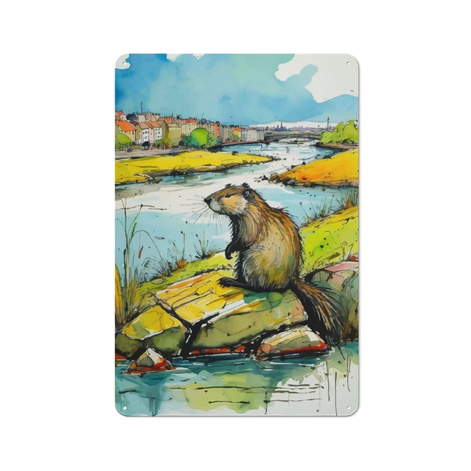 30x20cm Rustic Tin Sign with Nutria Watercolor for Studio Or Craft Room, Tin Sign Wall Decor for Studios And Craft Rooms