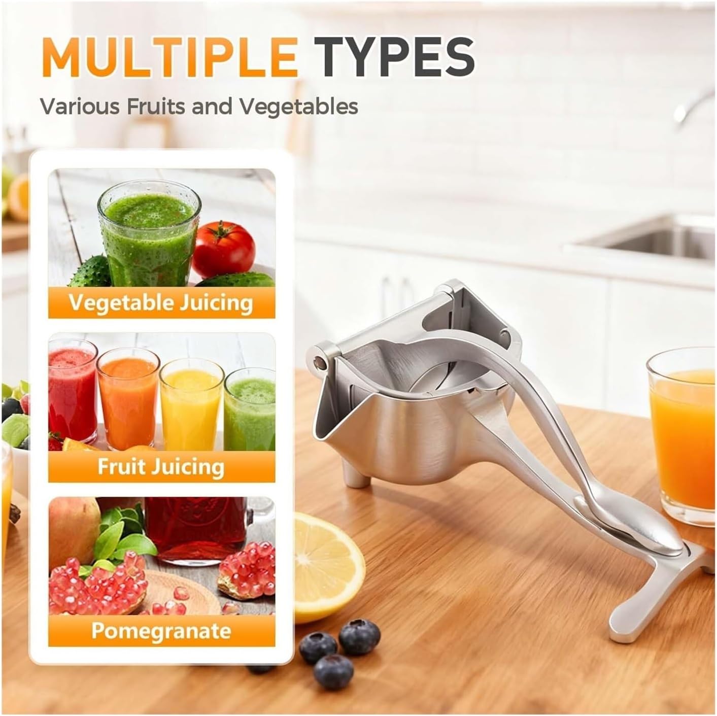 Fresh Fruit Juice Extractor, 2025 Upgrade Hand Juicer Squeezer Lemon Juicer Manual Hand Press with Ergonomic Grip, Easy to Clean for Orange Citrus Pomegranate Lime Grapefruit Kitchen Tool(Silver,2)