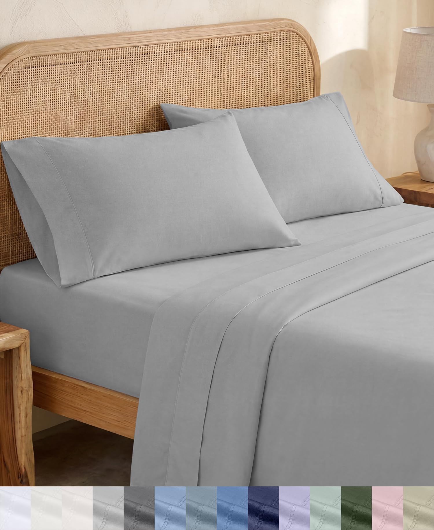 California Design Den Organic Cotton Queen Size Bed Sheet Set, Light Grey