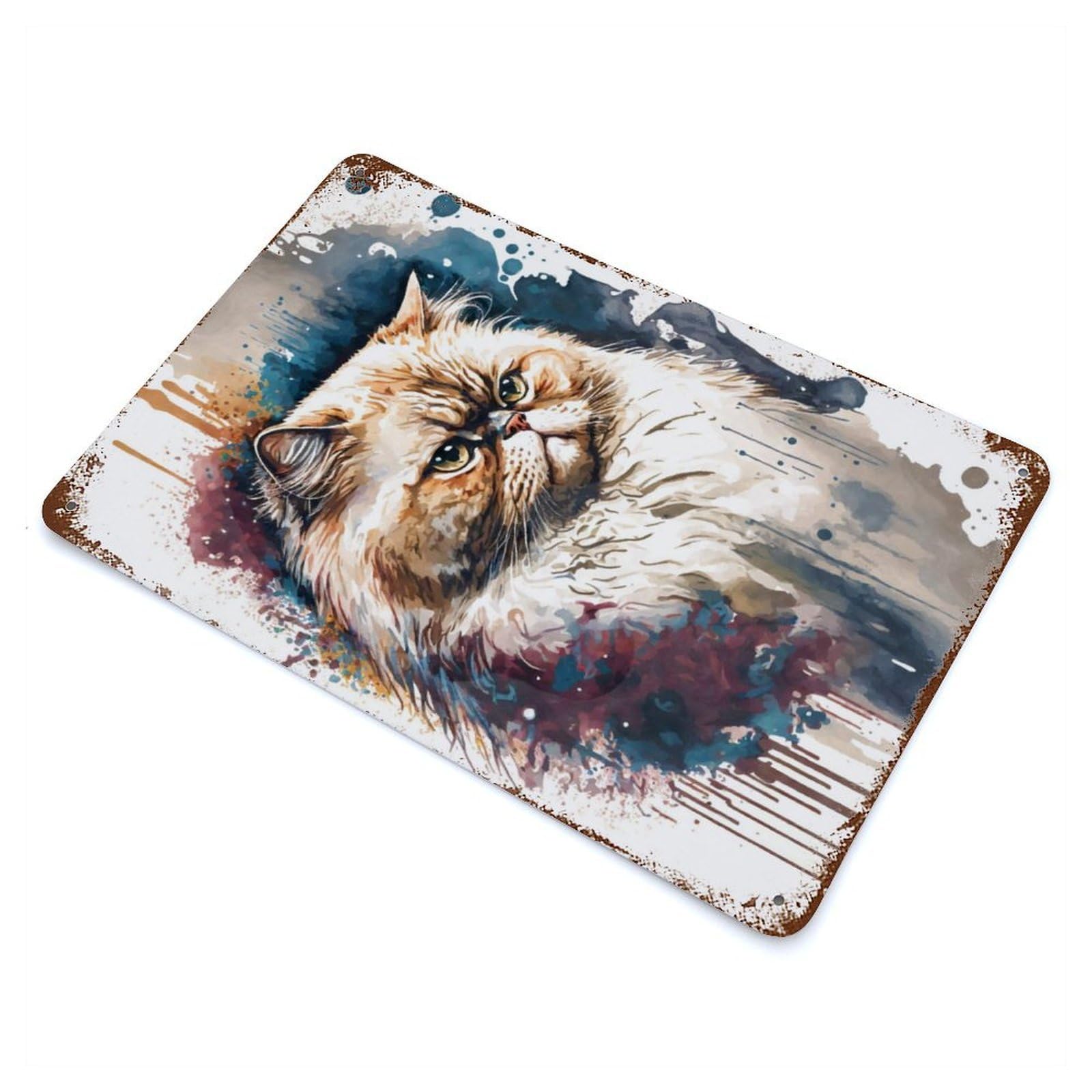 Persian Cat Watercolor Rust Effect Tin Sign 11.8"x7.9", Ideal for Garage, Bar And Workshop Decor