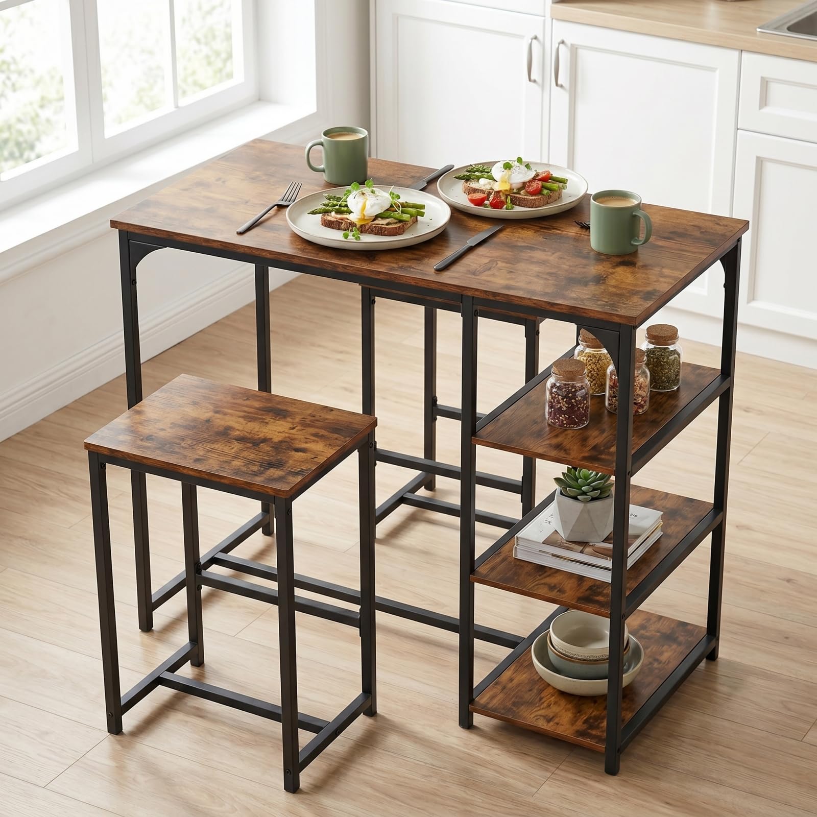 Ensemble Table de Bar avec 2 Tabourets, Table Haute Mange Debout avec 3 Étagères, Style Industriel, pour Petit Espace Cuisine, Salle à Manger, Salon, Bar, Bistrot, Balcon, Marron et Noir