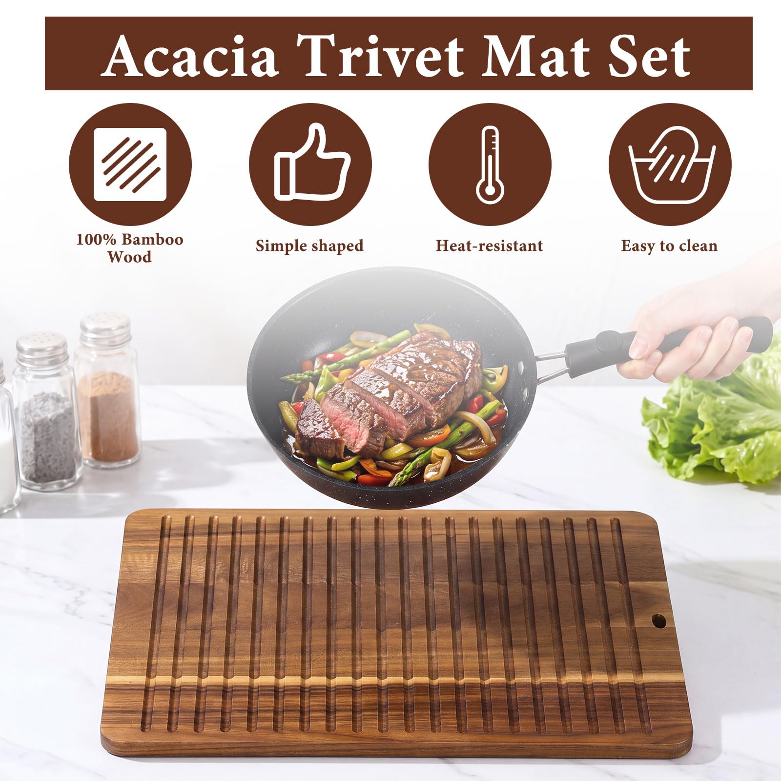 Salvamanteles de madera de acacia de 40,6 x 30,5 cm, almohadillas gruesas resistentes al calor, almohadillas antideslizantes para mesa, encimera, platos calientes, soporte para ollas, teteras