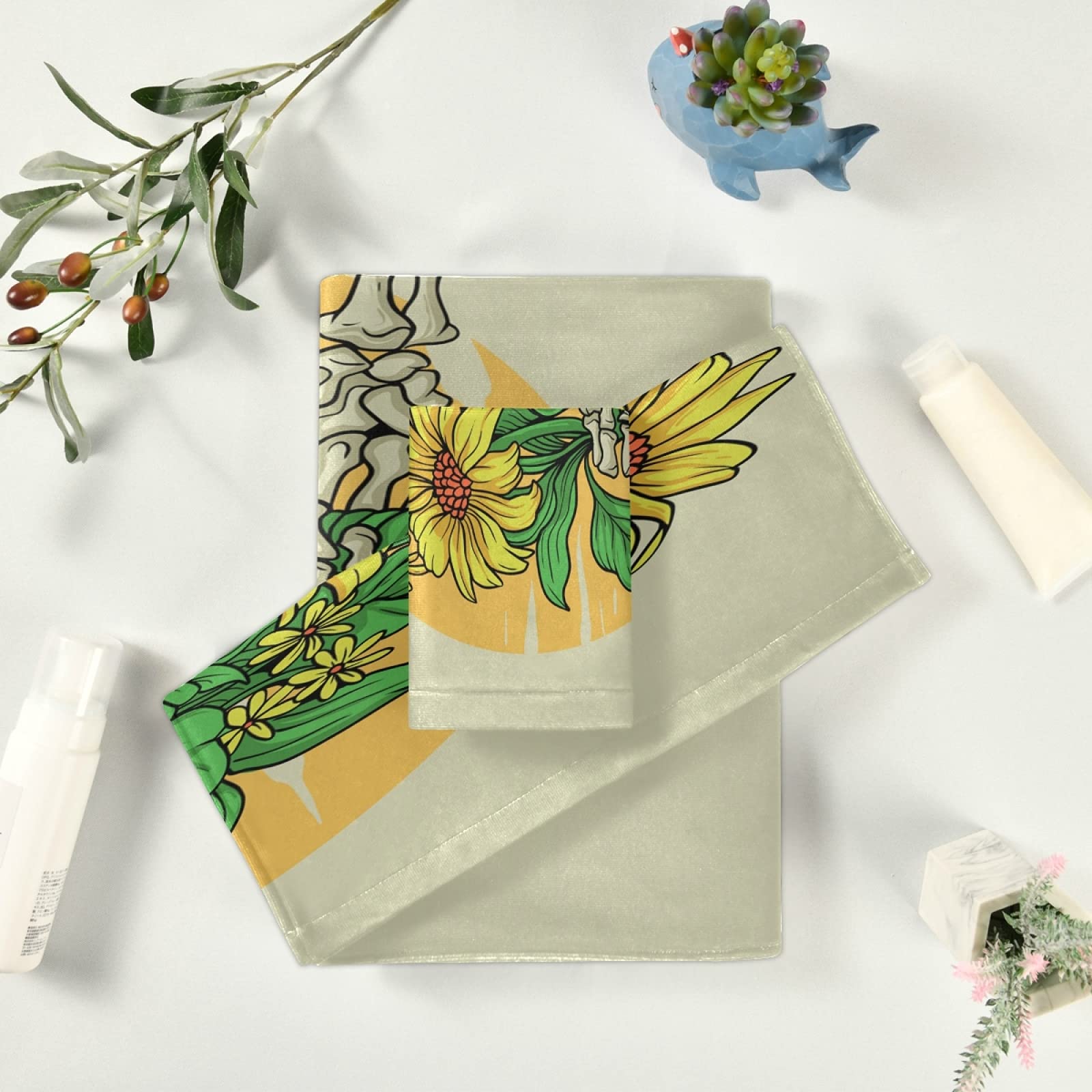 Vnurnrn Mano De Calavera Girasol Juego de Toallas para Baño Playa Toalla (1 Toalla de Baño y 1 Toalla de Mano y 1 Paño de Lavado) para Nadar Niñas Niños