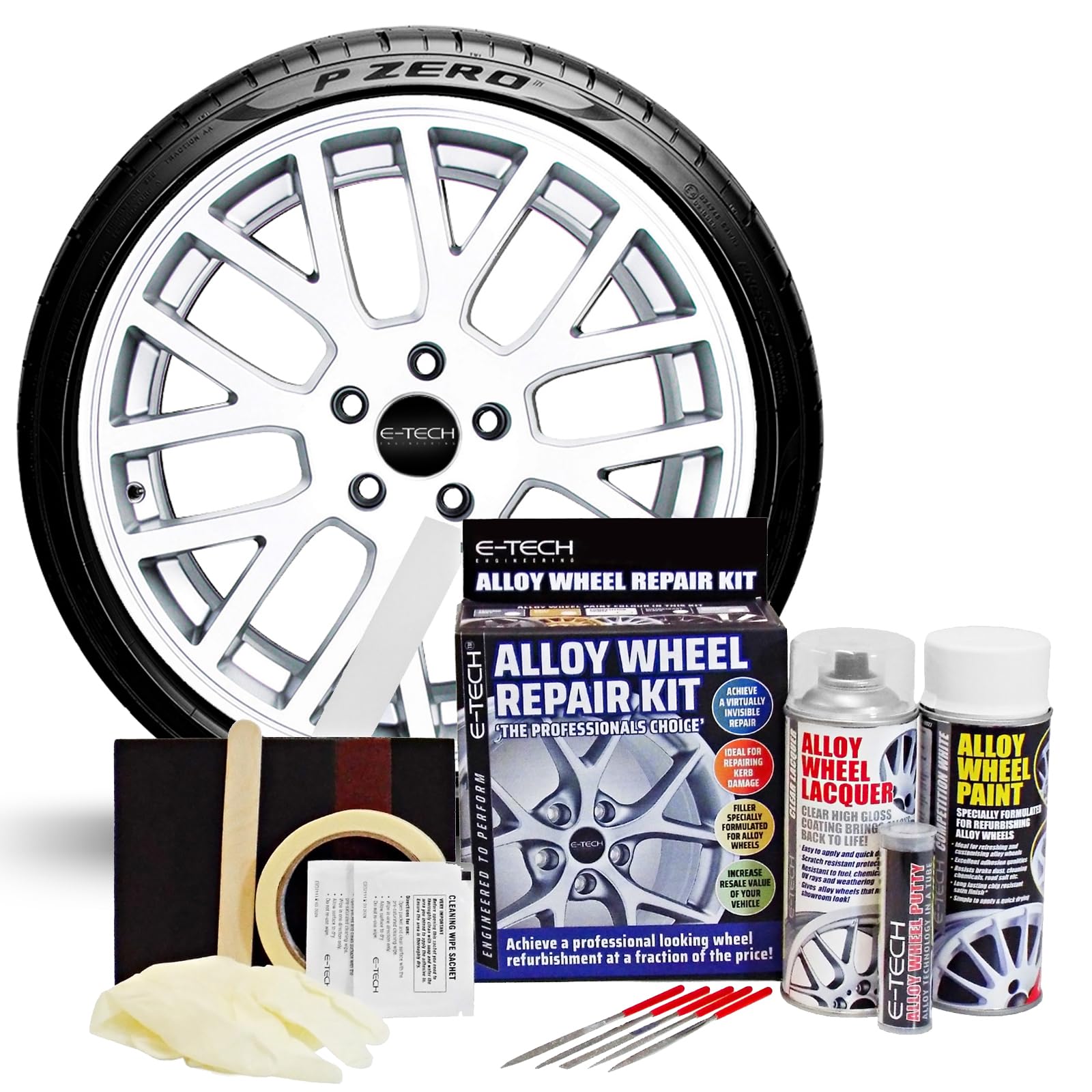 E-Tech White Alloy Wheel Repair Kit - Wheel Rim Refurbishment To Professionally Restore And Refurbish Car Alloy Wheel Rim Damage, Scuffs & Scrapes (Competition )