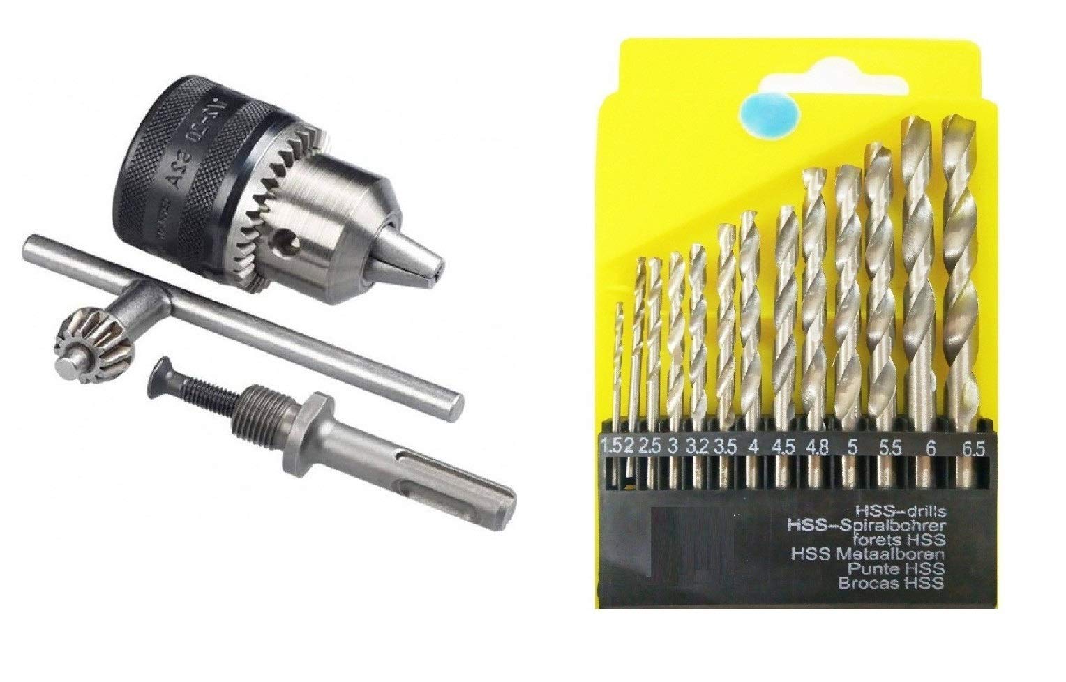 13mm drill chuck and key set heavy duty with adaptor and 13pc HSS drill set
