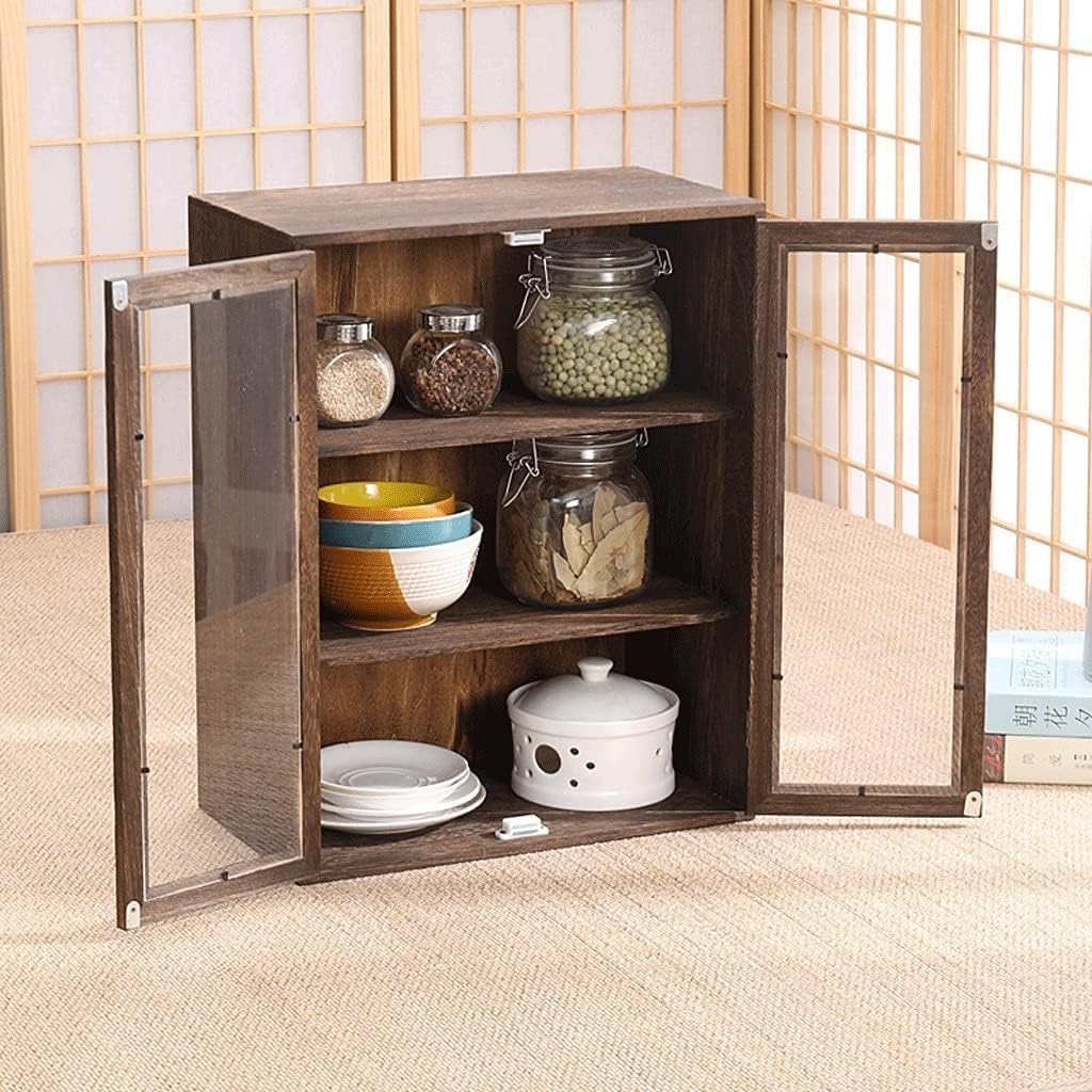 Solid Wood Tea Cabinet Dustproof Cup Holder Small Blog Shelf Desktop Countertop Mini Organizer with Acrylic Windows