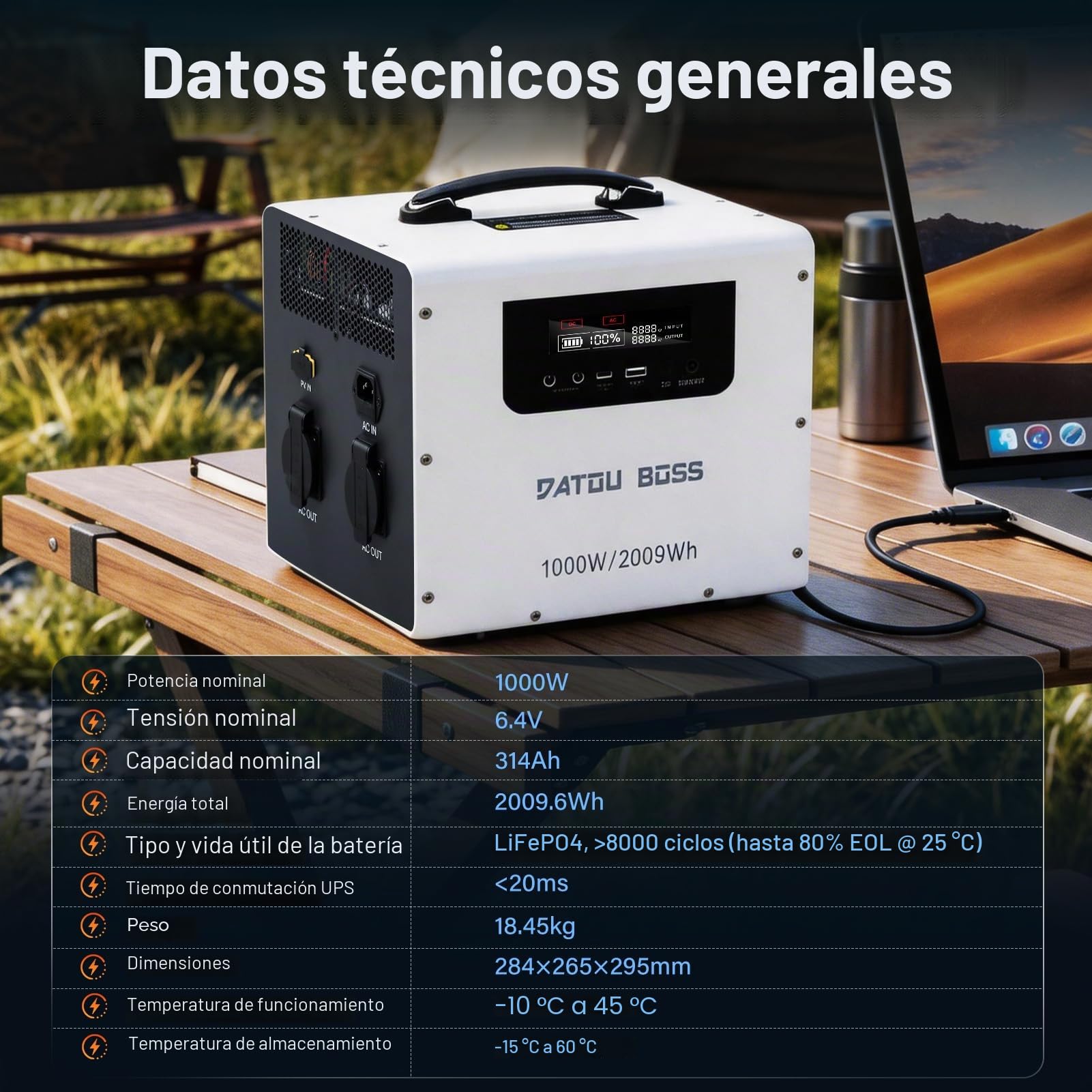 DATOUBOSS Estación de energía portátil de 1000W 2009Wh con batería LiFePO4, salida de 230V CA, generador solar con función UPS, fuente de alimentación de emergencia para camping, hogar y exterior