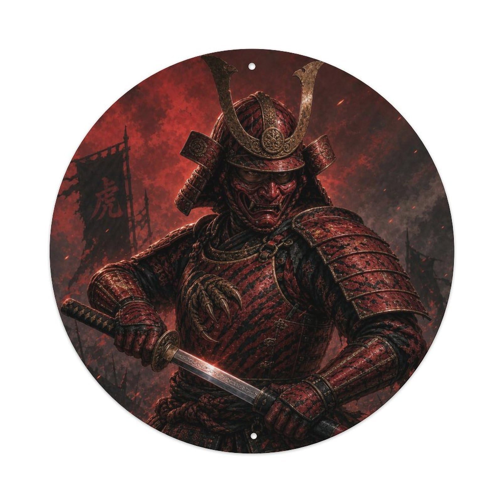 Okngb Style Crimson Red Single Garnet Dark Hand Draw Samurai Crest Metal Tin Sign Plaque Wall Decor For Cafe, Man Cave, Club Bar, Office, Home Garden Round Metal Poster 8X8inch