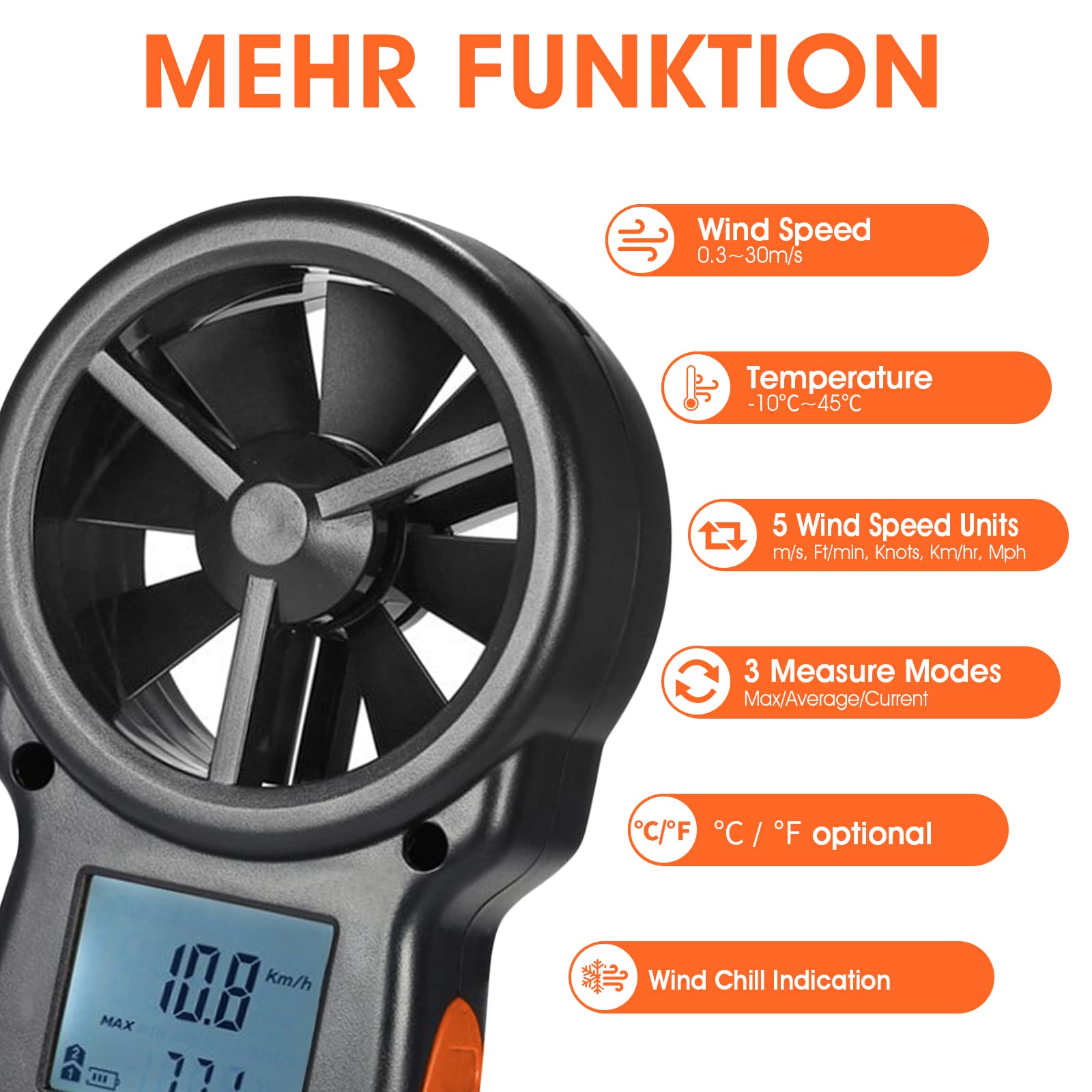 Kethvoz Anemometro Portatile Misuratore di Vento Digitale, Indicatore di Velocità del Vento Air Flow Meter per Windsurf, Volo di Drone, Vela, Pesca, HVAC Condotto di Aerazione