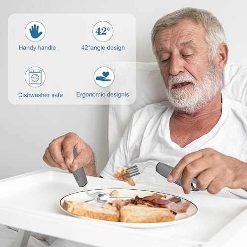 Miniatura 6 de 4 utensilios adaptativos de Parkinson en ángulo de 45, utensilios adaptativos de 3.5 onzas para ancianos, utensilios con peso para temblores de