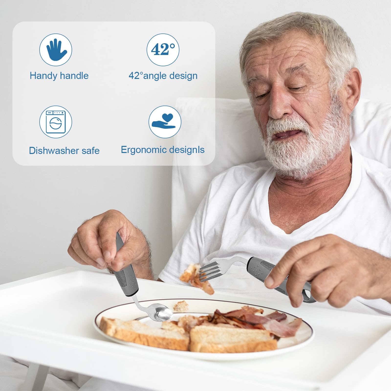Set di 4 posate adattive, posate per persone disabili Parkinson, angolate 42°, posate pesate da 85 g, cucchiaio curvo con manico antiscivolo per tremori delle mani (destrorsi)