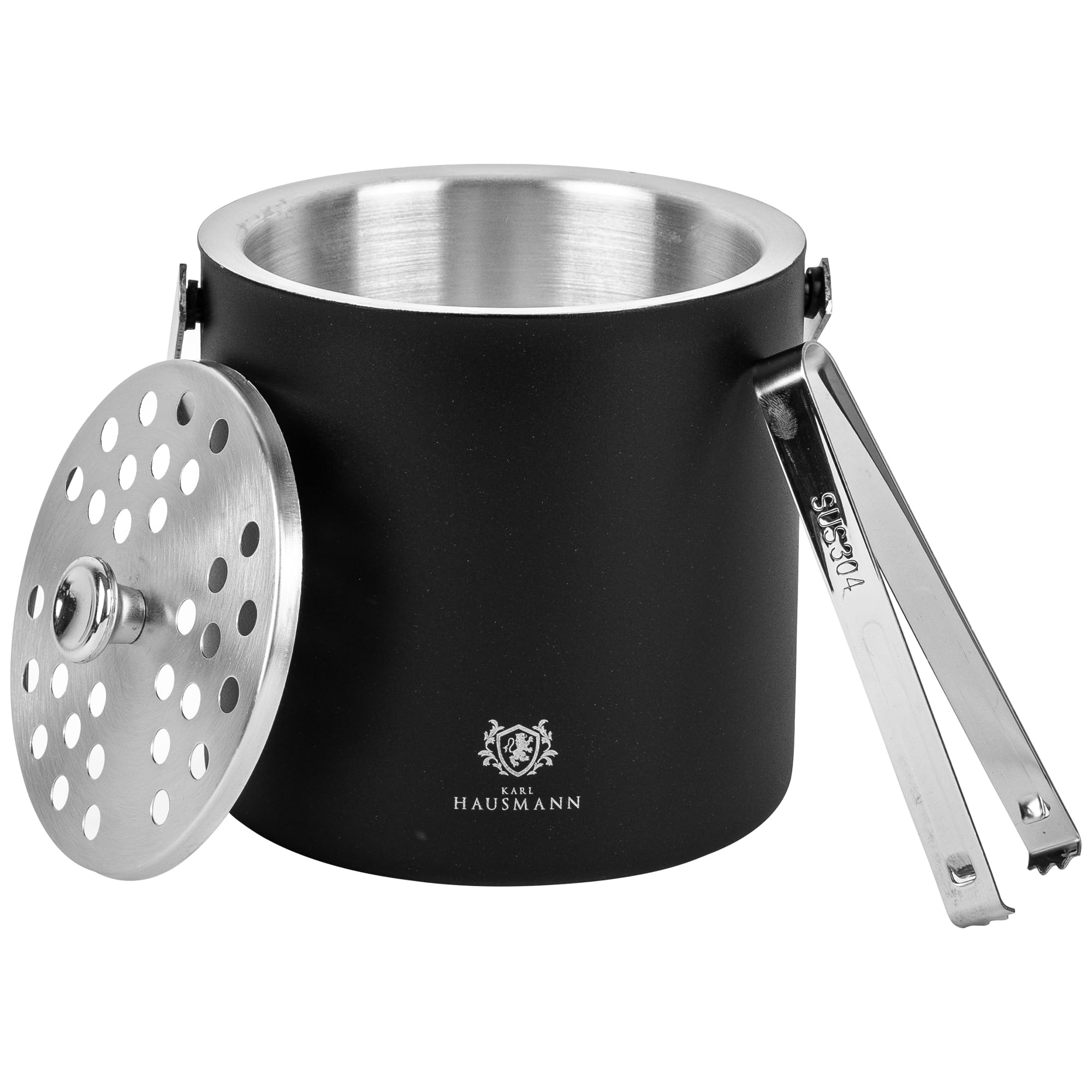 KARL HAUSMANN Cubo Hielo 1,3L con Tapa, Pinza y Rejilla - Cubitera Acero Inoxidable Negra Doble Pared Aislante, Mantiene Hielo Seco, Ideal para Cócteles, Bebidas, Bar y Hogar