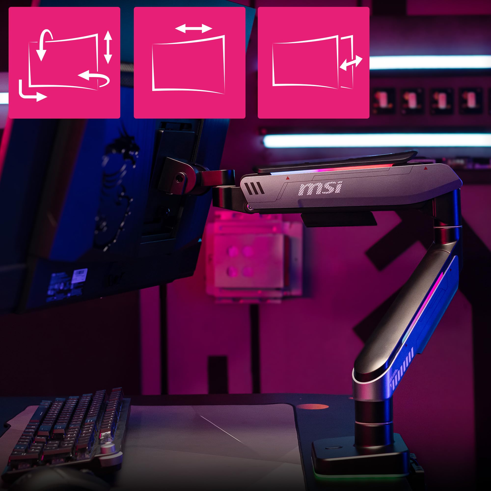 MSI MPG MT201R V2 - Braccio di supporto per monitor singolo RGB premium, supporta schermi da 17-49" e 20 kg, compatibile VESA, supporto regolabile con molla a gas resistente, morsetto e passacavo