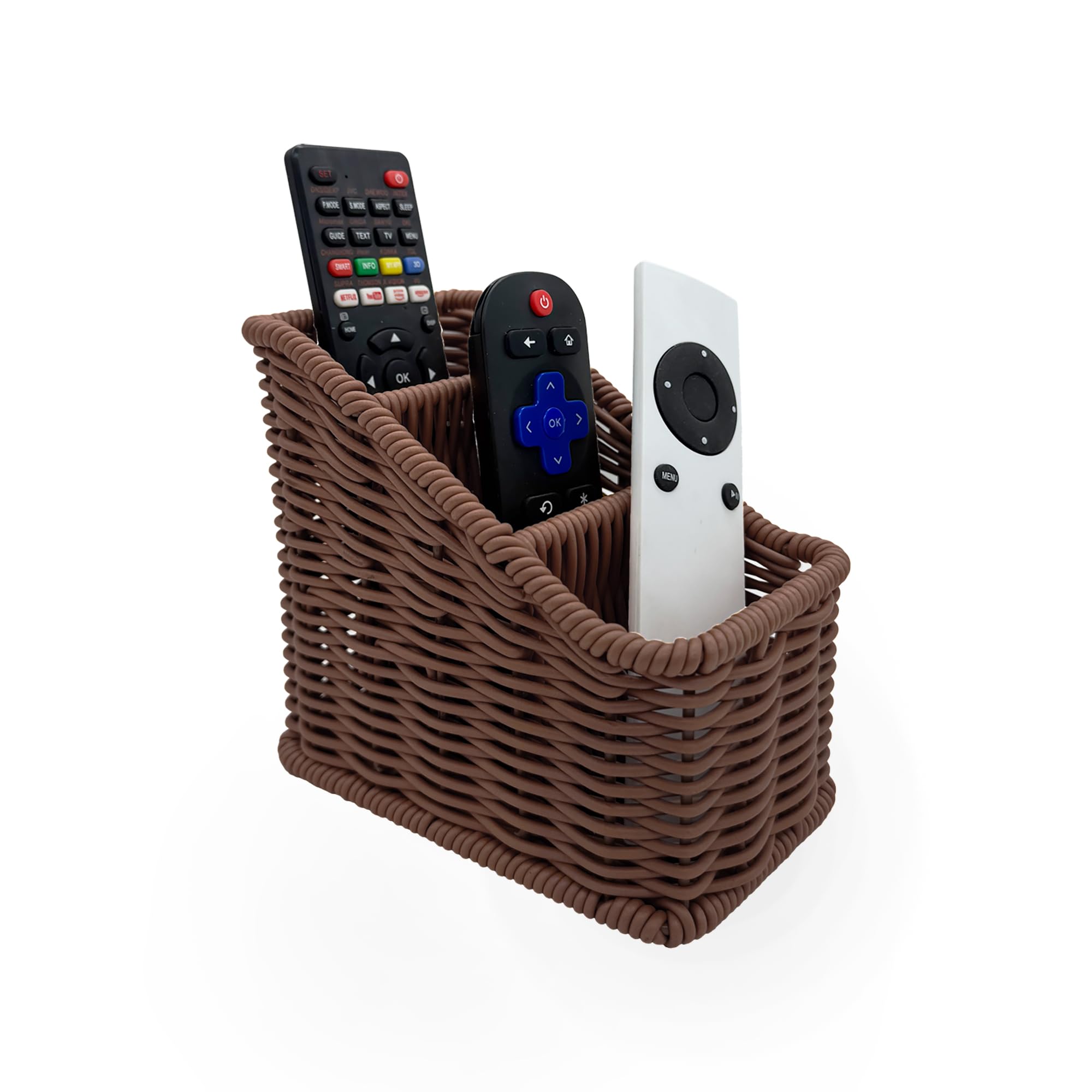 Handwoven Wicker Remote Control Holder,Rustic Rattan TV Remote Caddy Storage Box for Table, Desk Organizer Office Supplies,Makeup Brush Holder,Utensil Caddy (Chocolate Brown, Small - 3 Comp.)