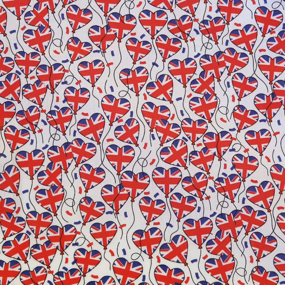 Polycotton Fabric Hearts Union Jack Flags Floating Balloons Sold Per Metre (White)