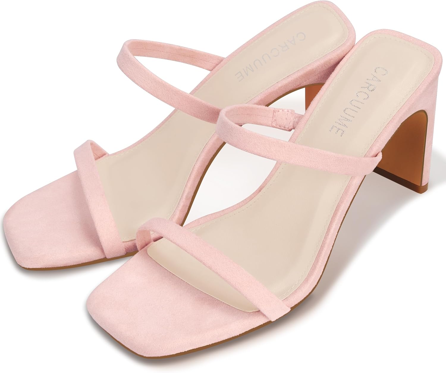 Carcuume Women's Square Toe Two Strap Open Toe Block Heels Sandals Slip On Shoes