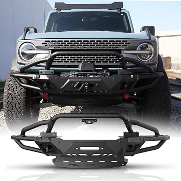 Front Bumper with Bull Bar for Ford Bronco 2021 2022 2023 2024 2025 2026NOT for Bronco Sport, Off Road Rock Crawler Bumper with Winch Plate Mounting & Sensor Holes & Skid Plate & Front Camera Mount