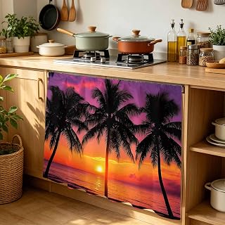 Cabinet Curtain Beach Sunset Summer Coconut Tree Desk Curtain 35x35in, Washable Under Sink Skirt for Kitchen Bathroom Laundry, Tropical Plant Shadow Privacy Self-Adhesive Shelf Curtains