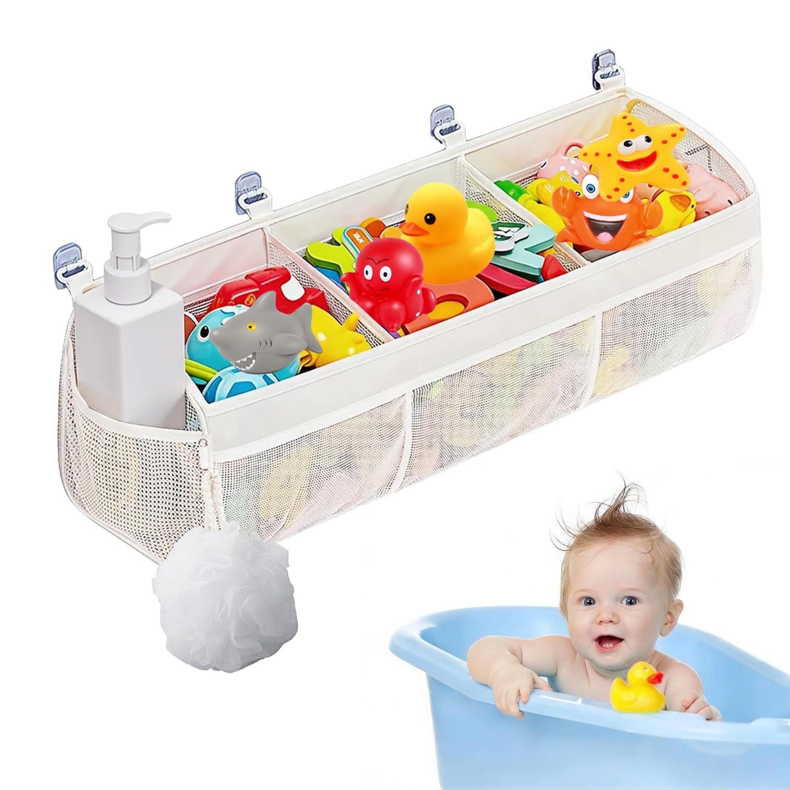 Bath Toy Storage Net, Reusable 3 Compartment Bath Toy Net (63 * 16 * 20cm)