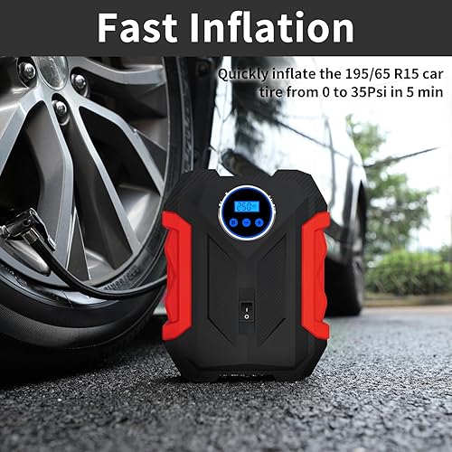 Miniatura 4 de Compresor de aire digital para bomba automática de coche, inflador de neumáticos portátil con luz LED DC 12V, rojo Rojo