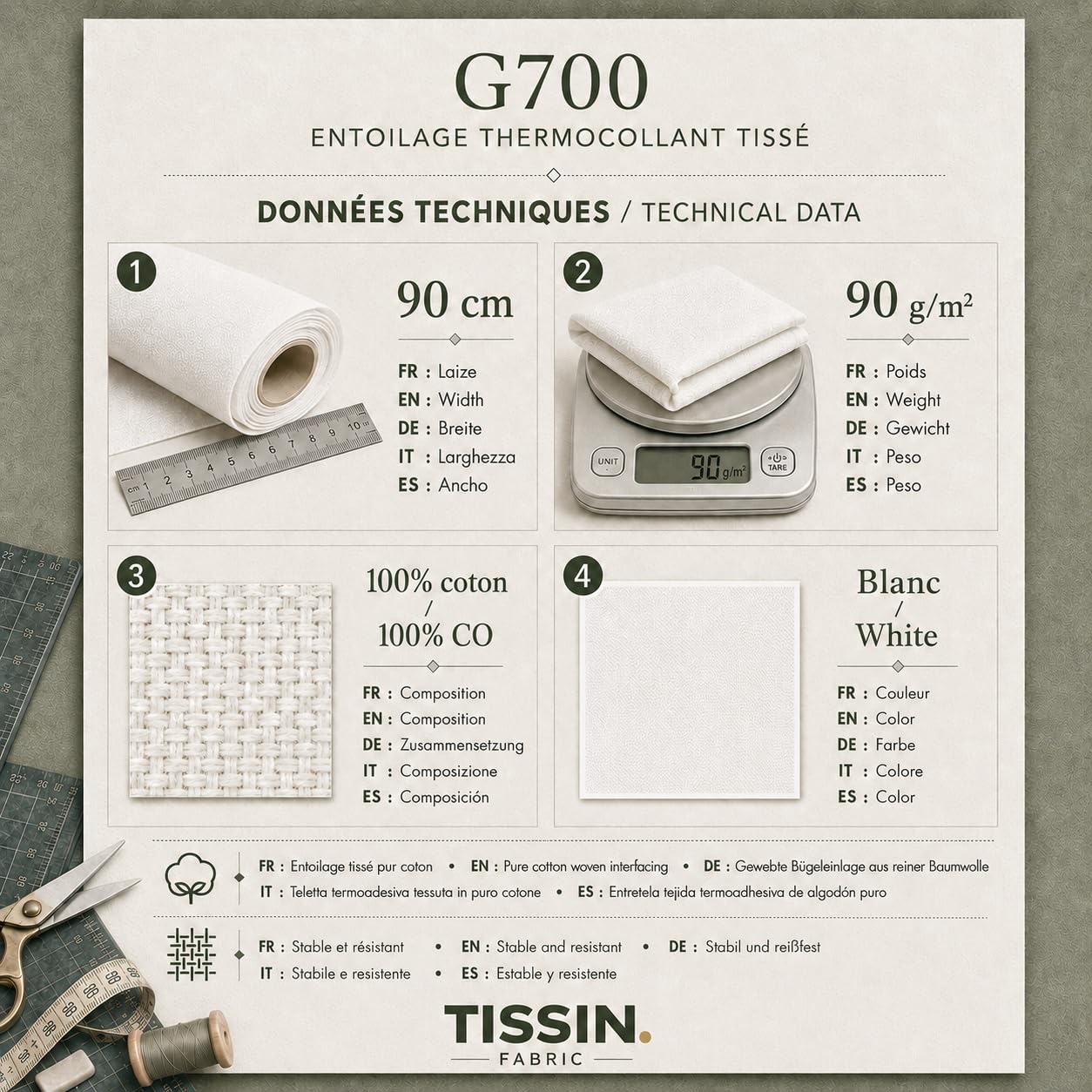 G700 – Einlage zum Aufbügeln, gewebt, weiß, 300 x 90 cm, mittelschwere Verstärkung für Hemden, Blusen, Paremente und kleine Nähteile
