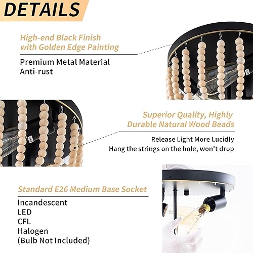 Miniatura 6 de Lámpara de techo de madera con cuentas de granja, 3 luces, estilo bohemio, con cuentas de madera, accesorios de iluminación vintage para entrada,
