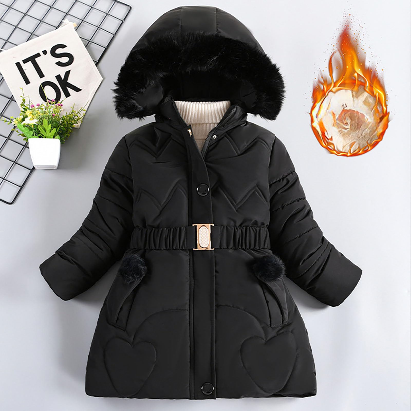 Generisch Giacca invernale per bambini ragazzi Nella Lunga Plus Ispessimento Stile Straniero Femminile Moda Piumino Imbottito Inverno Felpa Donna Senza Caldo, Nero , 6-7 Jahre