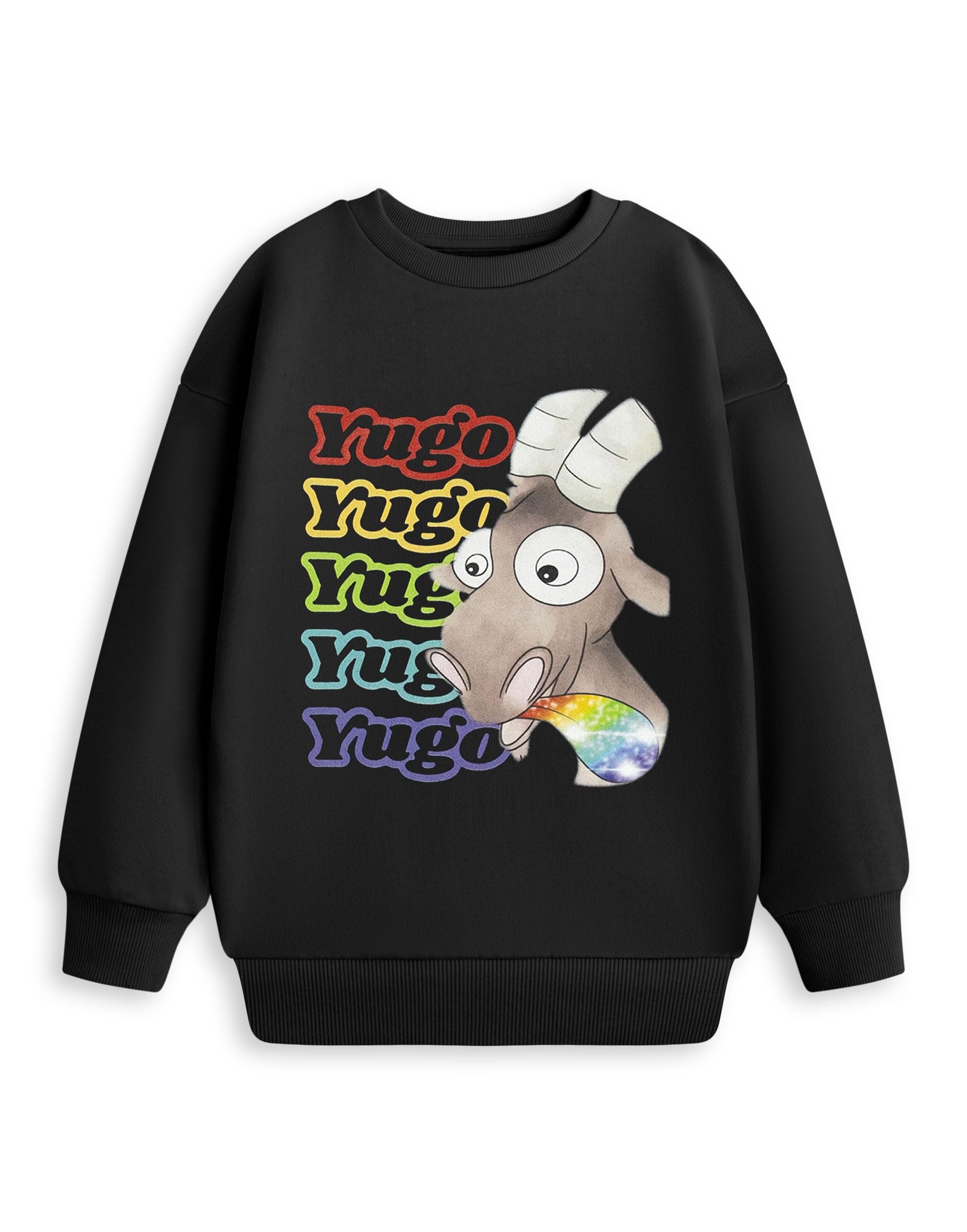 Show Me The Merch Unisex Black Yugo The Yuletide Goat Kids Long Sleeve Sweatshirt | Crew Neck Pullover With Yugo Character Print | Perfect For Casual Wear 7-8 Years