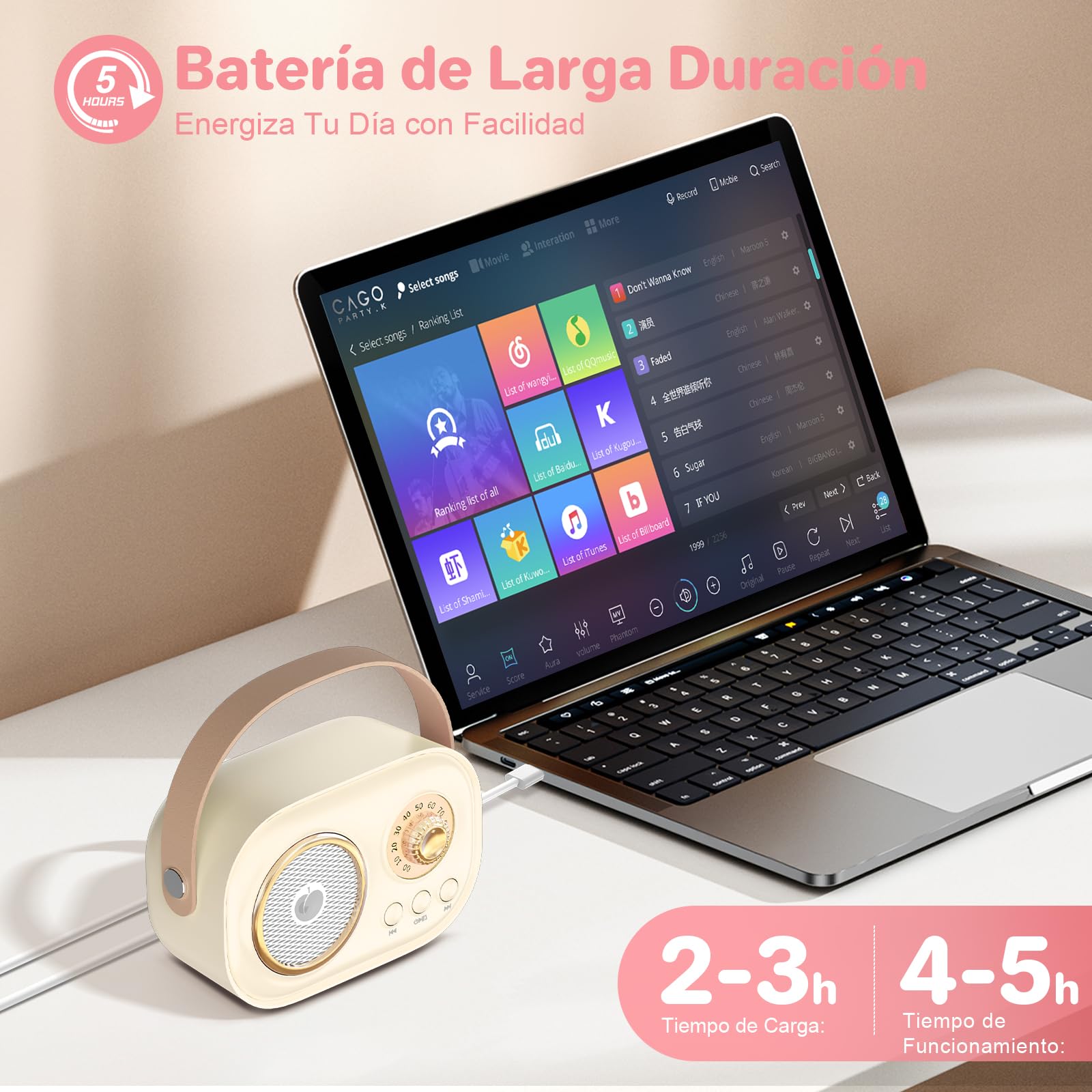 Mini Máquina de Karaoke para Niños Adultos,Altavoz Bluetooth Portátil con 2 Micrófonos Inalámbricos, Regalos Juguetes para Niñas 3, 4, 5, 6, 7, 8+ Años Cumpleaños Fiesta Familiar en Casa-Beige