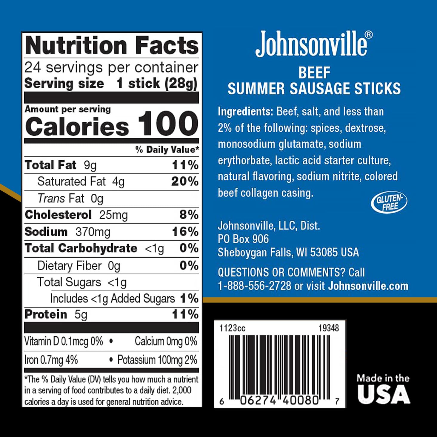 Johnsonville Summer Sausage Snack Sticks - Dairy Free, Gluten Free Protein Snacks, Jerky Snack Packs - Beef, 1 oz., 24-Pack