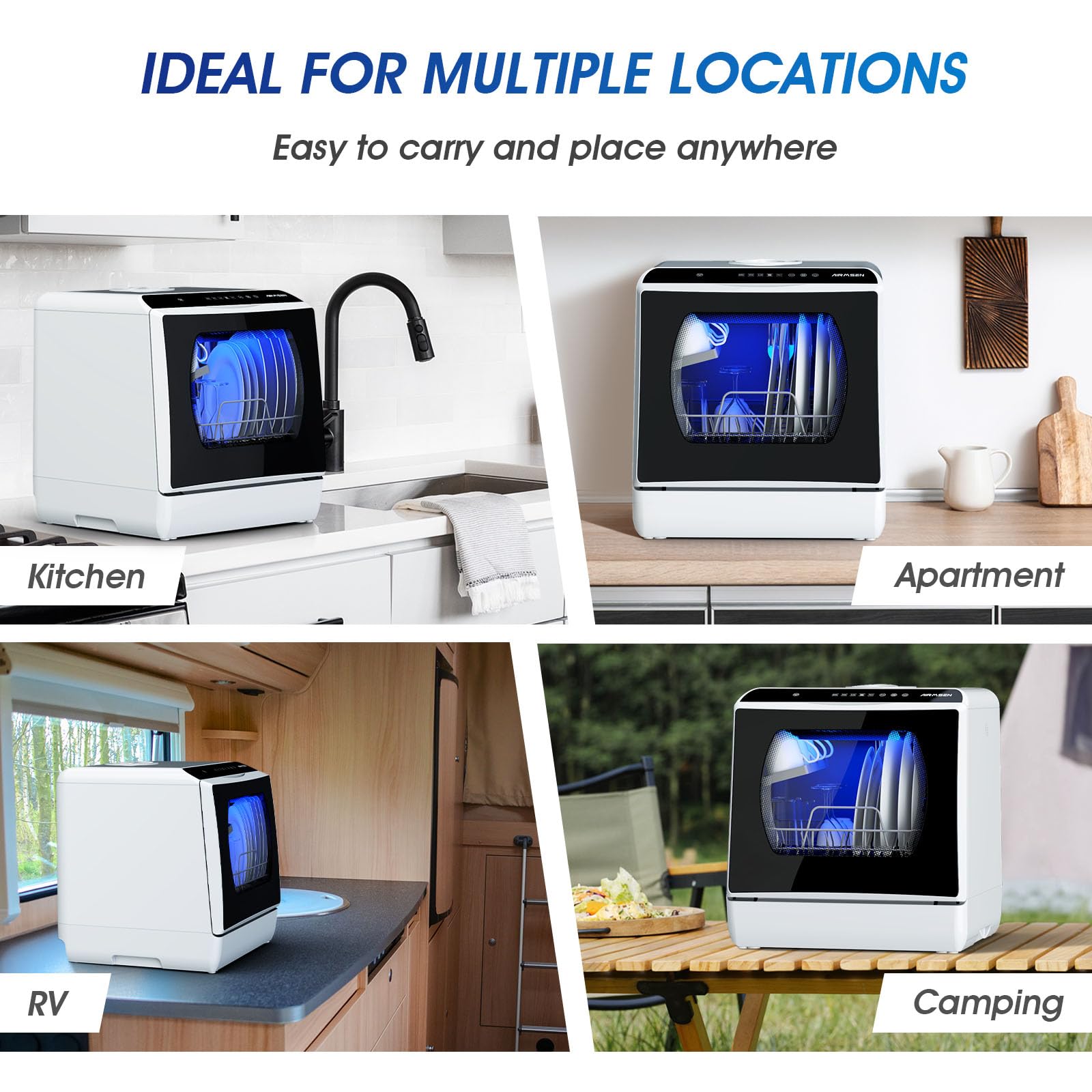 AIRMSEN Mini Table Top Dishwasher - Upgraded 6 Programs Portable Countertop Dishwasher No Plumbing with 2 Water Supply Modes for Kitchen Apartment Outdoor - with Baby Care Mode