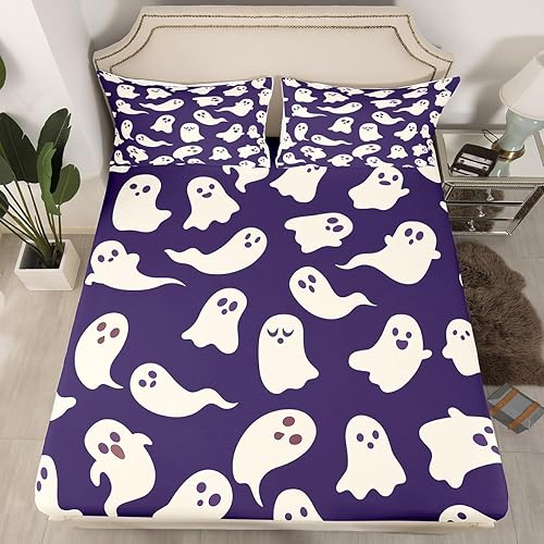 Miniatura 2 de Castle Fairy Juego de sábanas de Feliz Halloween, tamaño King, bonita silueta de dibujos animados de fantasma, sábana bajera con bolsillo profundo,