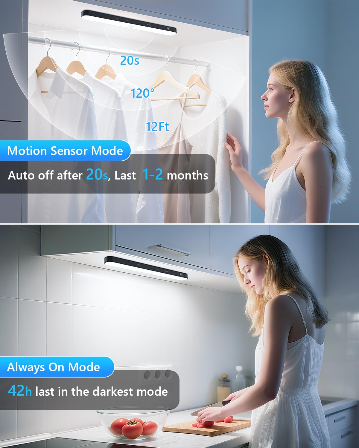 Ferswe Iluminación LED para armario con detector de movimiento, indicador del nivel de la batería, 4 unidades para debajo de los muebles de cocina, LED recargable, luz de armario con detector de